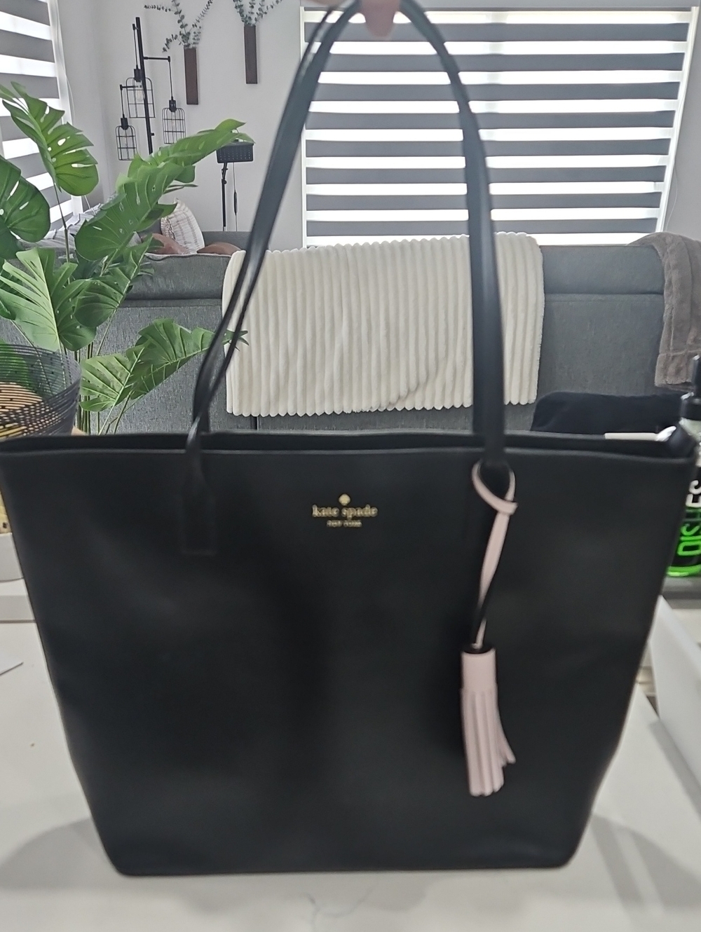 kate spade Black Leather Tote with Pale Pink Tassel
